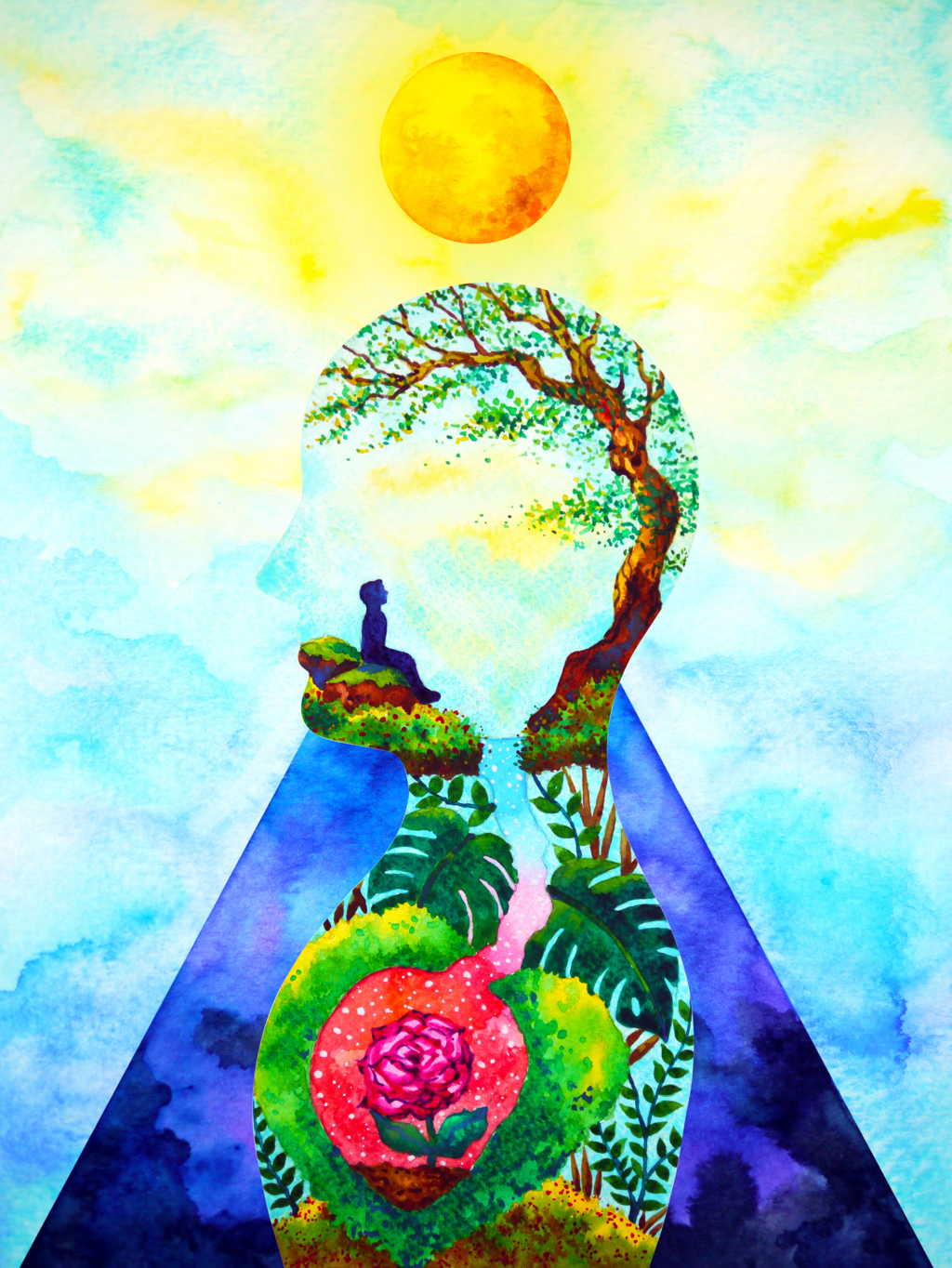 Artistic painting meditation under a tree, rose deep in heart of earth
